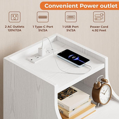 LIKIMIO Narrow Nightstand with Charging Station and LED Lights, Modern Night Stand, End Table with 3 Drawers, Open Shelf, Side Table for Living Room/Bedroom, White