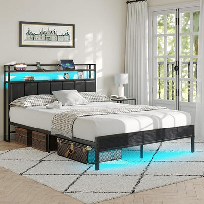 Full Size Bed Frame with Upholstered Headboard and 2-Tier Storage Shelves | Metal / Charging Station / LED Lights / Noise Free / No Box Spring Needed / Black