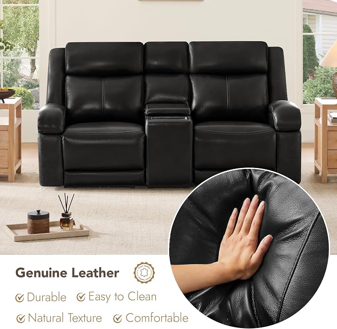 Watson & Whitely Genuine Leather Power Loveseat Recliner Sofa, Wall Hugger Loveseat Reclining Sofa with Storage Console, Power Headrest, Cup Holders, Dual Recliners for Living Room, RV, Black