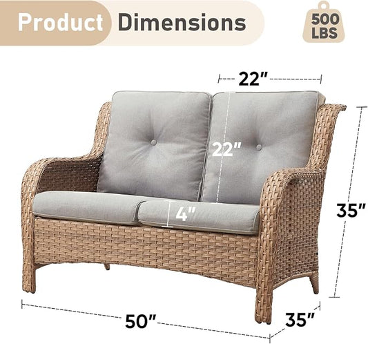 Outdoor Loveseat Sofa-2 Seater Rattan Wicker Patio Couch High Back Patio Sofa for Porch Deck Backyard-Yellow/Beige