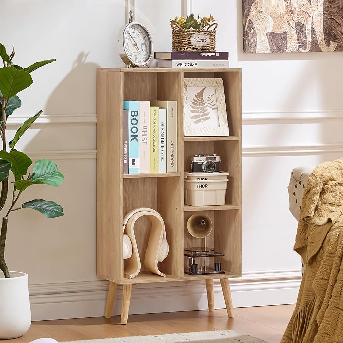 LEYAOYAO 5 Cube Bookshelf 3-Tier Bookcase with Legs,Mint Light Wood Kids Book Shelf Cute Storage Organizer,Free Standing Open Toy Shelves Wood Bookshelves,Display Bookcases for Bedroom,Living Room