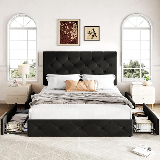 Allewie Upholstered Queen Size Platform Bed Frame with 4 Storage Drawers and Adjustable Headboard, Diamond Button Tufted, Wooden Slats Support, Noise-Free, No Box Spring Needed, Easy Assembly, Black