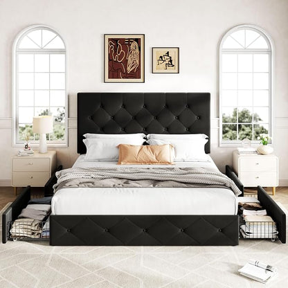 Allewie Upholstered Queen Size Platform Bed Frame with 4 Storage Drawers and Adjustable Headboard, Diamond Button Tufted, Wooden Slats Support, Noise-Free, No Box Spring Needed, Easy Assembly, Black