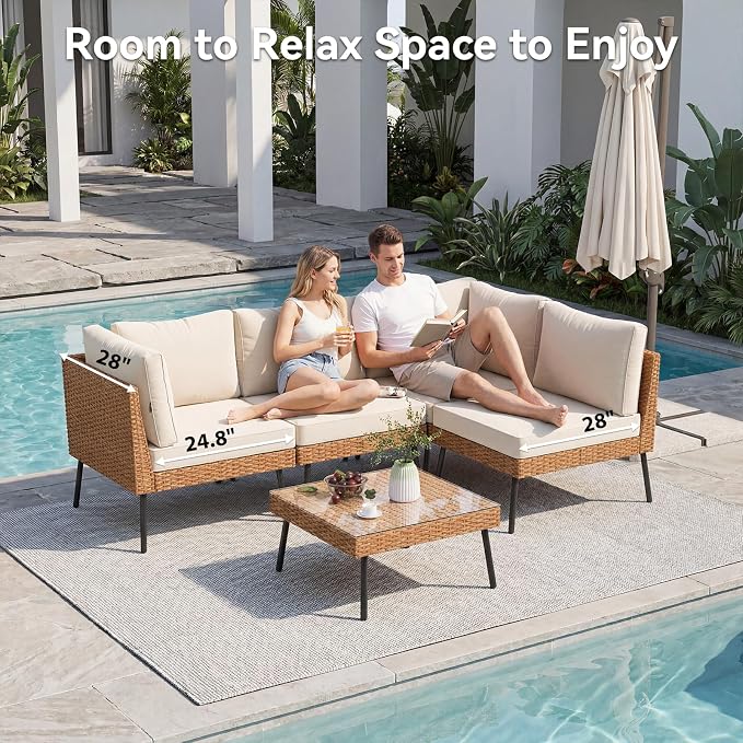 Aoxun 5-Piece Patio Furniture Set, Wicker Outdoor Furniture with Water Resistant Thick Cushions, Patio Conversation Set Outdoor Sectional Sofa with Coffee Table for Backyard Poolside, Beige
