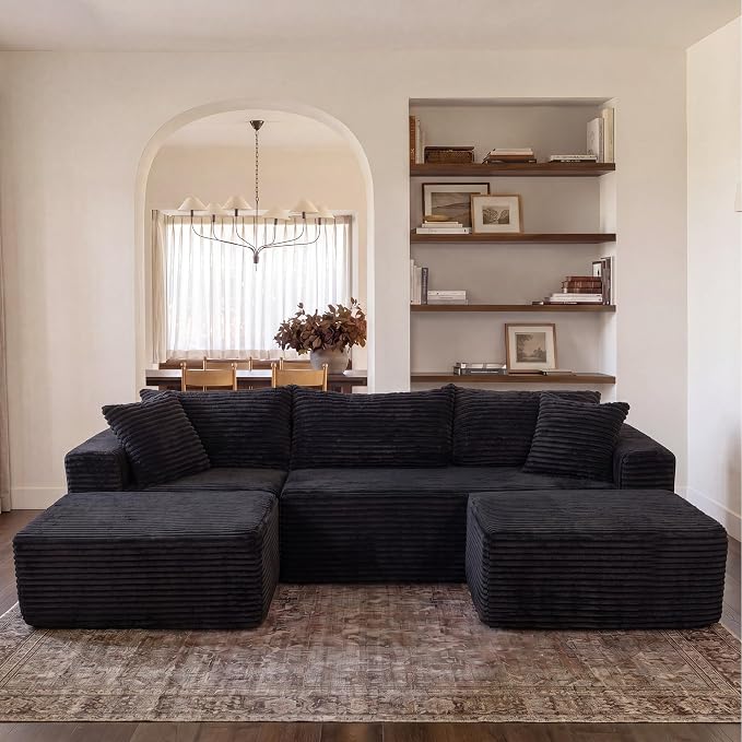 Claiks 94" Boneless Couch, Cloud Couch Sectional, U-Shape Corduroy Modular Sectional Sofa Deep Seat, Upholstered Couches for Living Room, No Assembly Required, Black