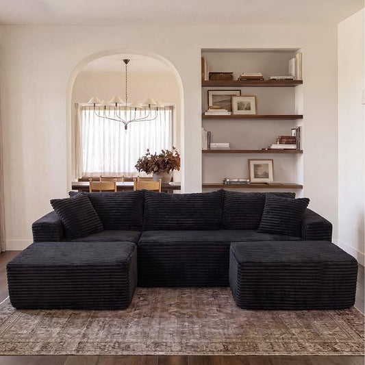 Claiks 94" Boneless Couch, Cloud Couch Sectional, U-Shape Corduroy Modular Sectional Sofa Deep Seat, Upholstered Couches for Living Room, No Assembly Required, Black
