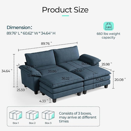 LINSY HOME 90'' Modular Sectional Sofa 2 Seat Couch Corduroy Cloud Couch with Deep Seat, Modern Cloud Couch with 2 Movable Ottoman for Living Room, Office, Bedroom, Blue