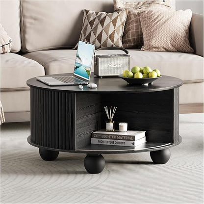 JOINICE Black Round Coffee Table with Storage, 31.5" Fluted Drum Center Table with Sliding Door, Modern Farmhouse Wood Circle Table with Bun Feet for Living Room