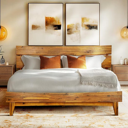 Acacia Aurora Wooden Bed with Headboard, Queen Size Bed Frame, 800lbs Capacity Wood Bed Compatible with All Mattress Types, Non-Slip & Noise-Free, Wood Slats Support, Easy Assembly, Caramel.