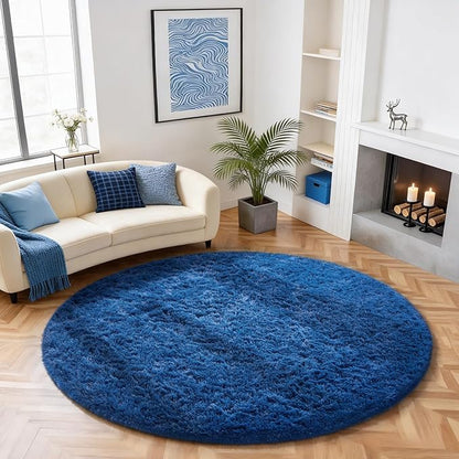 Ophanie Round Rug 6Ft Blue Circle Area Rug, Boys Room Decor, Fluffy Fuzzy Bedroom Carpet, Plush Soft Shaggy Living Room Rugs for Kids Home Aesthetic, Nursery with Over 99 pcs Pile fibers