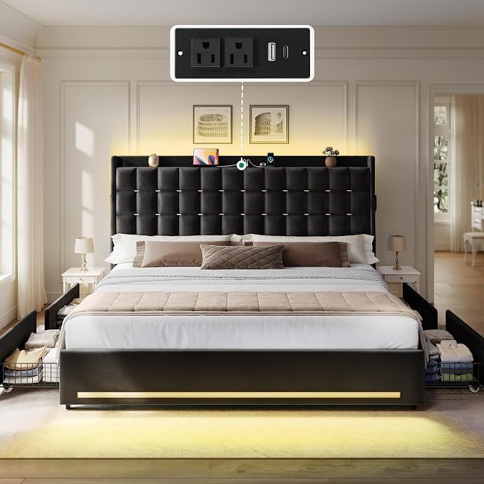 YITAHOME King Size Bed Frame with 4 Drawers and RGB LED Lights, Velvet Upholstered Platform Bed with Charging Station and Storage Headboard, No Box Spring Needed, Easy Assembly, Noise-Free, Black