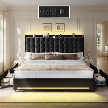 YITAHOME King Size Bed Frame with 4 Drawers and RGB LED Lights, Velvet Upholstered Platform Bed with Charging Station and Storage Headboard, No Box Spring Needed, Easy Assembly, Noise-Free, Black