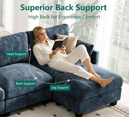 Modular Sectional L Shaped Sofa Couches for Living Room, Cloud Couch with Storage Ottoman, Comfy Chenille Sofa with Pillow, Blue