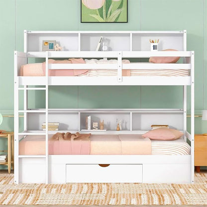 RUNNA Twin Bunk Bed with Storage Drawer, Shelves,Ladder, White | Twin bunk bed with storage drawer, shelves, ladder, guardrails, solid wood, no box spring needed, white, kids teens