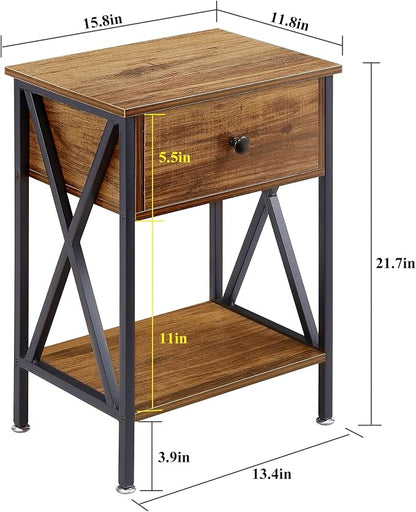VECELO Nightstand,Modern Bedside End Table, Night Stand with Drawer and Storage Shelf for Living Room Bedroom, Industrial Metal Frame