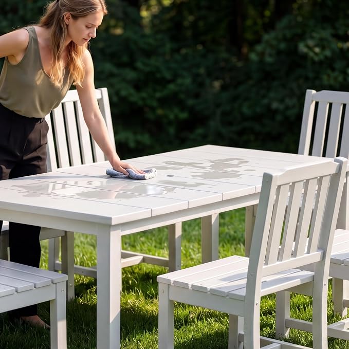 Perli™ 7-Piece Outdoor Dining Set, All-Weather HDPE Patio Table and 6 Chairs with Umbrella Hole, UV-Resistant Composite Wood Dining Furniture for Deck, Backyard, Poolside, White