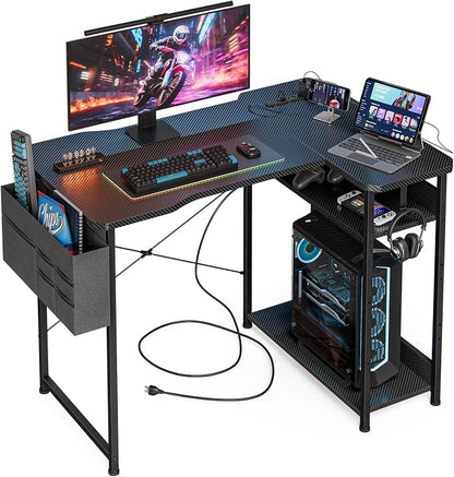 Acrolix L Shaped Gaming Desk 40 Inch - Computer Corner Desk with Power Outlets, Reversible Shelves & Storage Bag for Home Office, PC Gaming Table, Black Carbon