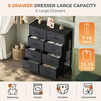 Sweetcrispy 8 Drawer Fabric Dresser for Bedroom, Tall Dresser, Black Wood | Chest of Drawers with Sturdy Steel Frame and Wooden Top, Storage Organizer with Easy Pull Handles
