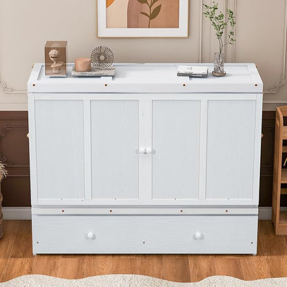 Queen Murphy Bed Cabinet with Storage Drawer and USB Port, Space Saving Bed | Converts from cabinet to bed for overnight guests, has 450-lb capacity, supports a 6-inch mattress, no box spring required