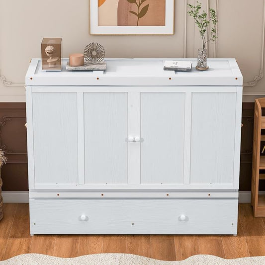 Queen Murphy Bed Cabinet with Storage Drawer and USB Port, Space Saving Bed | Converts from cabinet to bed for overnight guests, has 450-lb capacity, supports a 6-inch mattress, no box spring required