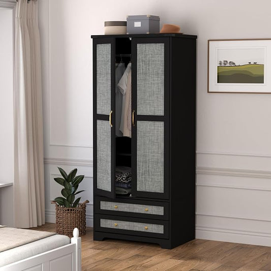 Brafab Armoire Wardrobe Closet with 2 Rattan Doors, 71" Black Farmhouse Tall Freestanding Coat Closet Wardrobe with Drawers and Hanging Rail, Wooden Armoire Storage Cabinet with Shelf for Bedroom