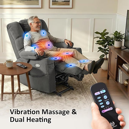MCombo Triple Motor Lay Flat Power Lift Recliner Chair for Tall Elderly, Infinite Position, Massage, Dual Heating, Adjustable Headrest, Fabric 7634 (Grey, Large)