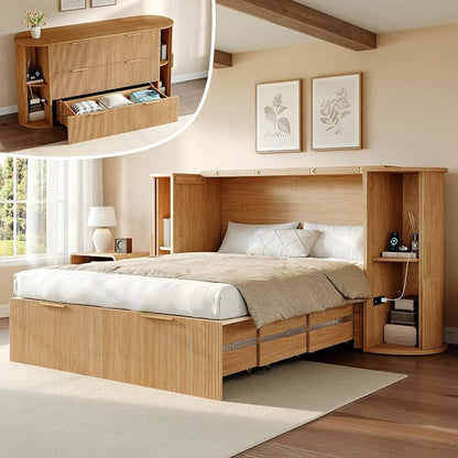 AMERLIFE Full Murphy Bed with Storage Bedside Shelves & Sliding Tambour Door, Modern Cabinet Bed with Charging Station & Curved Fluted Design for Bedroom/Guest/Home Office, Natural Oak