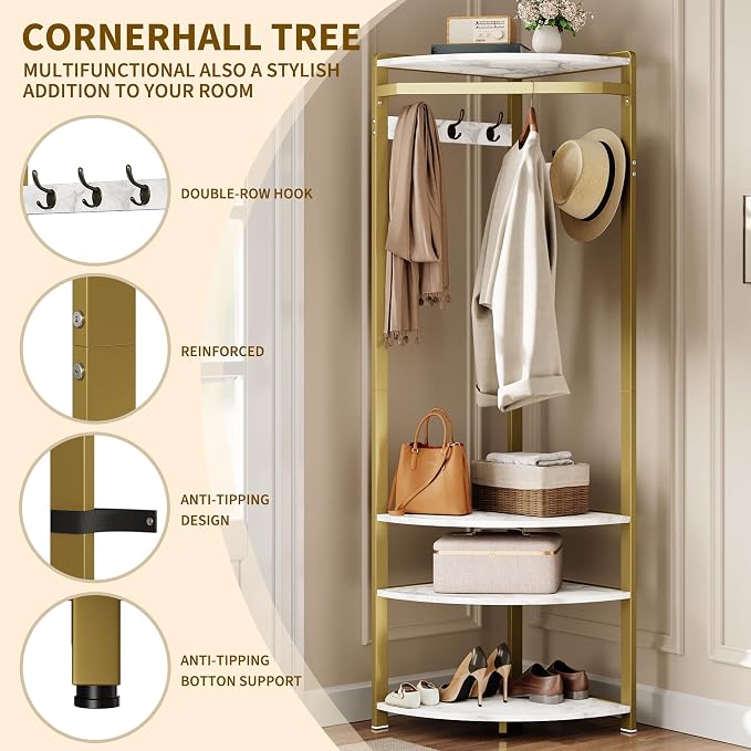 Coat Rack Freestanding with 6 Double Hooks, Shoe Bench & Storage Shelf - Freestanding Hall Tree Organizer for Entryway, Bedroom, Living Room, Space-Saving,Gold+Marble White
