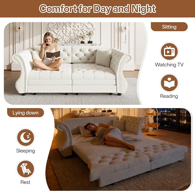 83.8" Oversized Pull Out Sofa Bed, Chesterfield Velvet Sleeper Sofa Couch with Roll Arm & Flower Tufting, Heavy Duty Metal Frame Convertible Sofa for Living Room, Apartment, Guest Room, Beige