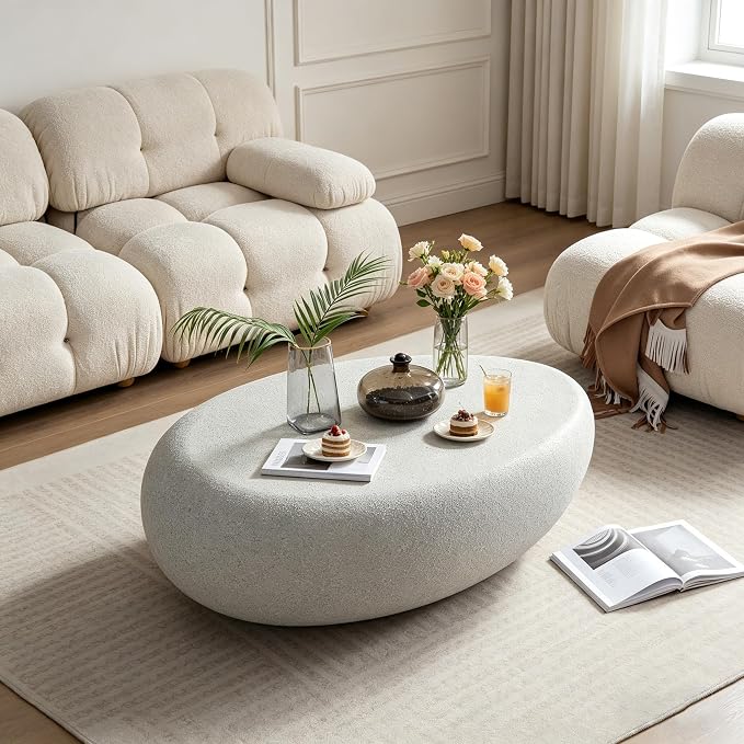43.3" Faux Stone Oval Coffee Table, Modern Travertine Coffee Table, Small Accent Irregular Concrete Center Table, Contemporary End Side Table for Living Room Office Apartment, No Assembly