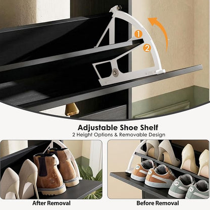 Nicetree Shoe Cabinet with 3 Flip Drawers, Narrow Shoe Organizer Cabinet, Freestanding Shoe Rack Cabinet, Modern Shoe Storage Cabinet for Entryway, Hallway, Foyer, Black with Hook
