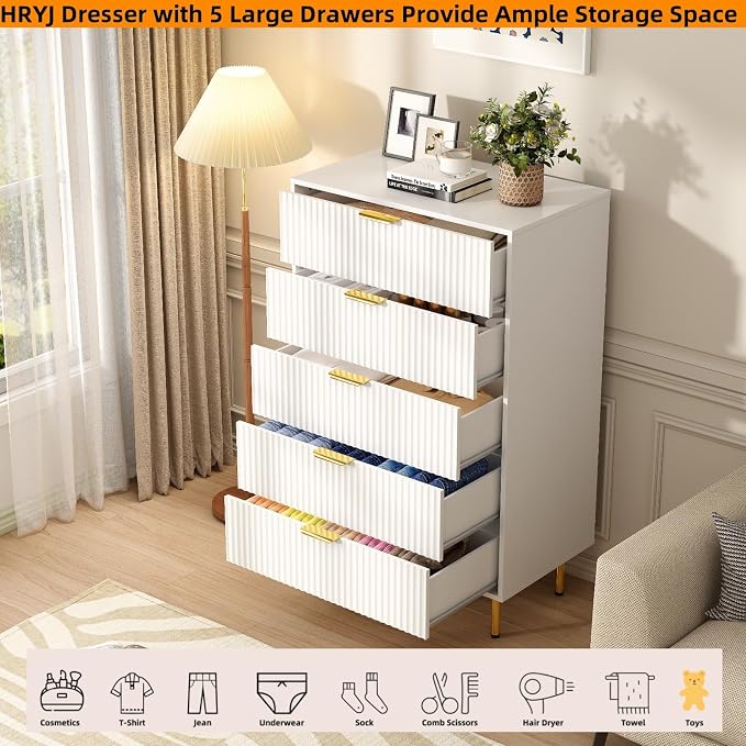 White Fluted 48" Tall Dresser for Bedroom with 5 Drawers and Gold Handle, 30 inch Wide Chest of Drawers Modern Dresser, Wooden Side Table Storage Dressers Organizer for Living Room