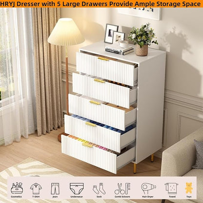 White Fluted 48" Tall Dresser for Bedroom with 5 Drawers and Gold Handle, 30 inch Wide Chest of Drawers Modern Dresser, Wooden Side Table Storage Dressers Organizer for Living Room