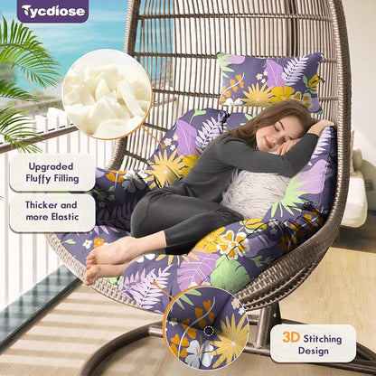 Outdoor Hanging Egg Chair Cushion Replacement, Extra Large Waterproof Egg Swing Cushions with Headrest Pillow and Ties, U-Shaped Thickened Cushion for Hanging Eggs Chair (Purple Floral Leaf)