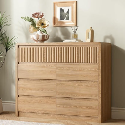 LYNSOM 8 Drawer Dresser for Bedroom, 50" Wide Fluted Dresser with Curved Corners, Wood Dressers & Chests of Drawers with Dual-Panel Design for Bedroom, Entryway, Oak