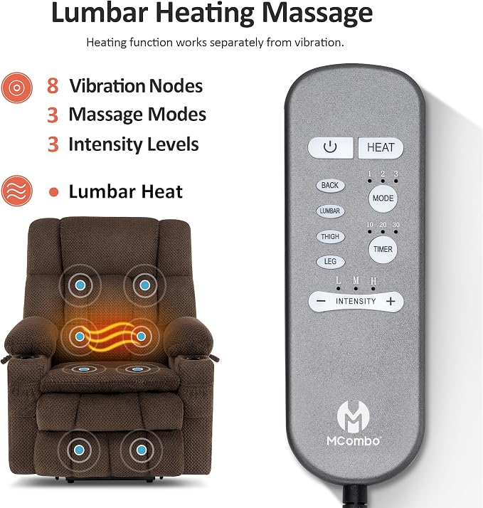 MCombo Large Dual Motor Power Lift Recliner Chair for Elderly, Zero Gravity Lift Chair with Heat and Massage, Infinite Position Lay Flat Recliner, USB Ports, Cup Holders, Fabric 7896 (Large, Mocha)