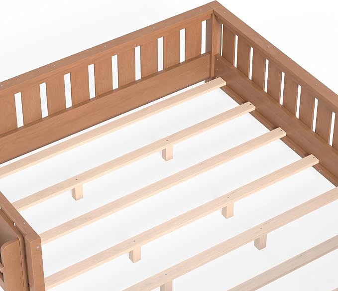 Bellemave Queen Size Floor Bed with Slats and Guardrails, Queen Size Montessori Floor Bed with Bookcase and Fence, Low Profile Montessori Beds for Kids, Natural Floor Beds Frame