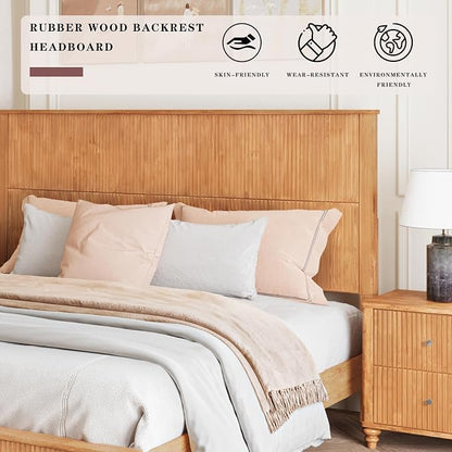 3-Pieces Bedroom Sets, King Size Platform Bed with 2 Nightstands, Solid Wood Platform Bed Frame with Tall Headboard and Classic American Turned Legs (Natural, King)