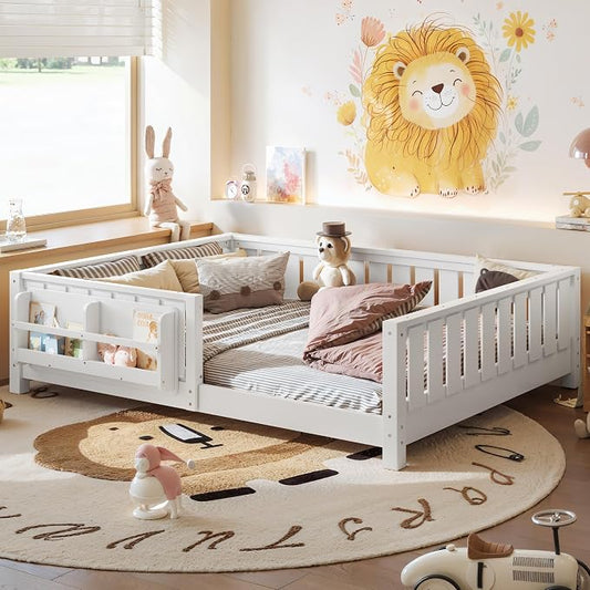 Bellemave Full Size Floor Bed with Slats and Guardrails, Full Size Montessori Floor Bed with Bookcase and Fence, Low Profile Montessori Beds for Kids, White Floor Beds Frame