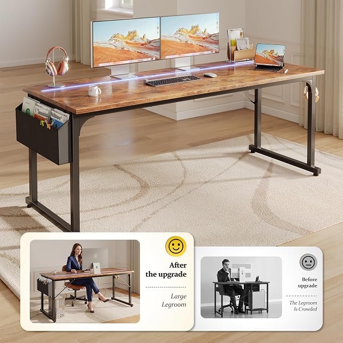 DurayLoly 63" Home Office Desk with LED Lights,Computer Desk for 2 Monitors or 2 laptops,Spacious Under-Desktop for Study Writing Work Gaming Desk,Sturdy Metal Frame,Bedroom,Rustic Brown