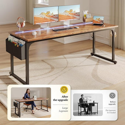 DurayLoly 63" Home Office Desk with LED Lights,Computer Desk for 2 Monitors or 2 laptops,Spacious Under-Desktop for Study Writing Work Gaming Desk,Sturdy Metal Frame,Bedroom,Rustic Brown