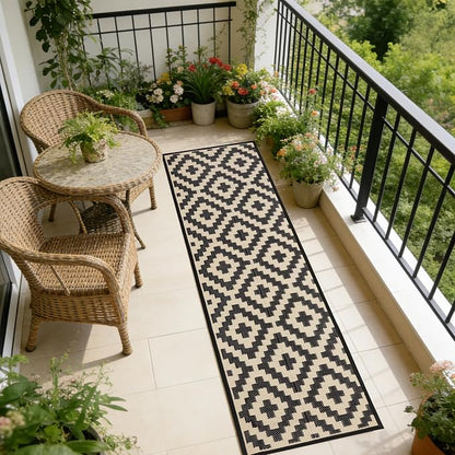 SAND MINE Reversible Mats, Plastic Straw Rug, Modern Area Rug, Large Floor Mat and Rug for Outdoors, RV, Patio, Backyard, Deck, Picnic, Beach, Trailer, Camping (2.5' x 8', Black & Beige Lattice)