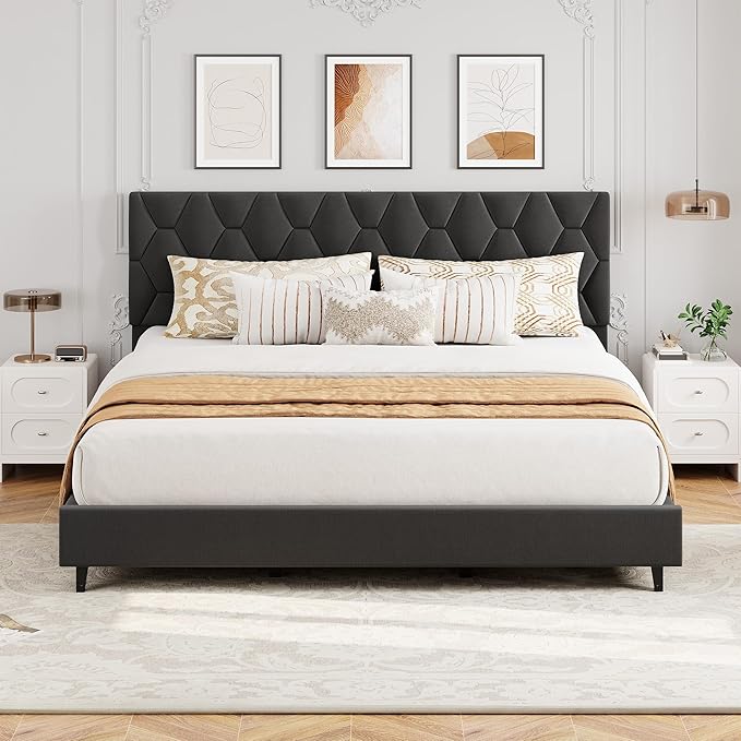 GAOMON Grey King Upholstered Bed Frame with Headboard, Heavy-Duty Platform Bed Frame with Strong Wood Slats, No Box Spring Needed/Easy Assembly/Noise Free