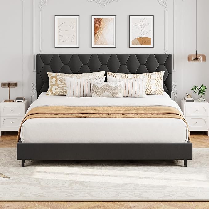 GarveeHome King Size Platform Bed Frame with Upholstered Headboard and Wooden Slats Support, Upholstered Mattress Foundation/No Box Spring Needed/Easy Assembly, Grey