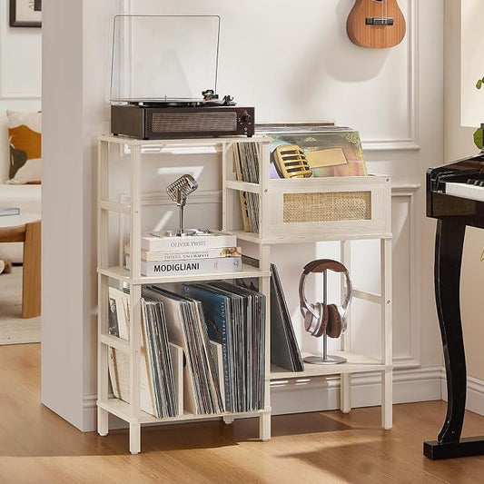 LELELINKY Record Player Stand, White Cream Oak Wood Record Holder with Vinyl Storage Holds up to 300+ Albums, 3-Tier Rattan Media Table with Vinyl Display Shelf, Record Storage Cabinet for Living Room