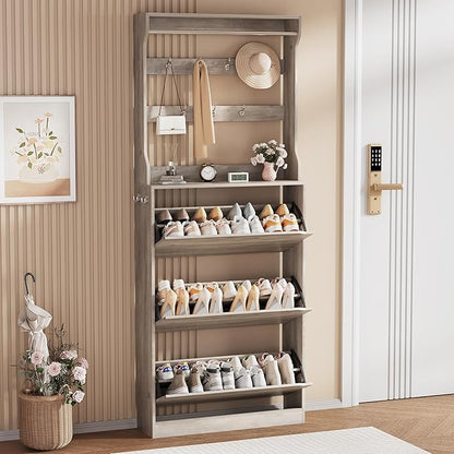Shoe Storage Cabinet, Wood Shoe Organizer for Entryway with 3 Flip Drawers, Freestanding Shoe Rack with Adjustable Shelf, Narrow Shoe Dresser for Front Door Entrance (Grey, Tall 3 Drawers)