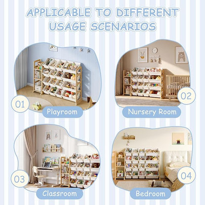 EXPERLAM Toy Storage Organizer, Toy Storage Shelf with 3 Shelves and 16 Storage Bins (12 Small + 4 Large), 3-in-1 Kids Bookshelf for Kids Rooms, Playroom, Nursery, White
