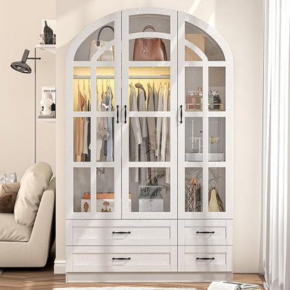 Squireewo 78" Arched Armoire Wardrobe Closet with Motion Sensor LED Light, 3 Windowpane Glass Doors & 4 Drawers, Large Wood Bedroom Storage Cabinet, Clothing Organizer with Hanging Rod, White