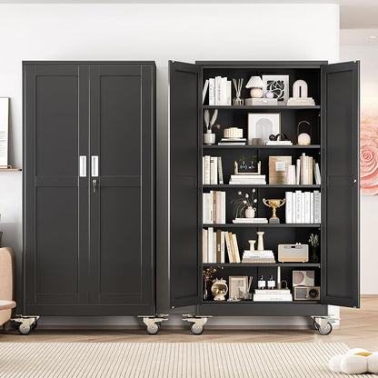 Metal Garage Storage Cabinet, 74”Tall Rolling Utility Cabinet Black | storage system with Wheels, Lock, 5 Adjustable Shelves, Heavy Duty Steel Tool Locker for Home Office, Utility Room, Gym