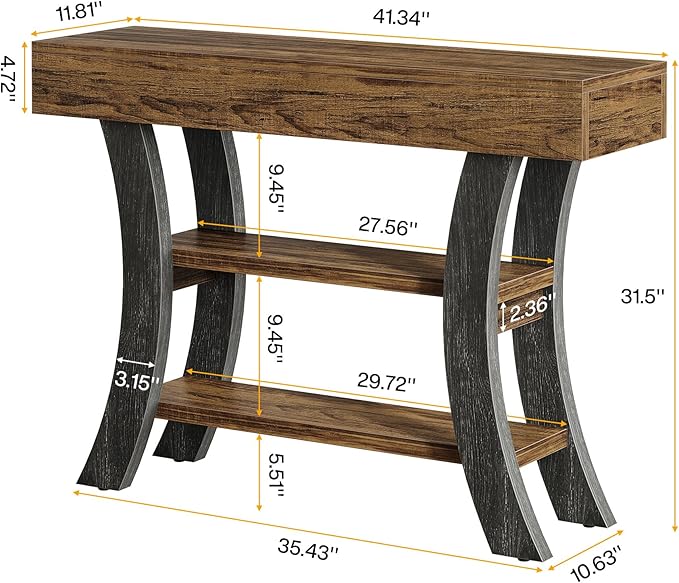 Tribesigns 41" Small Console Table for Entryway, 3-Tier Narrow Rustic Sofa Table with Storage Shelves and Curved Frame for Living Room, Entry, Hallway, Foyer (Brown & Grey)